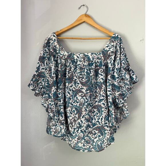 Terra & Sky Blue Paisley Ruffle Sleeve Top Size 2X - Picture 2 of 6